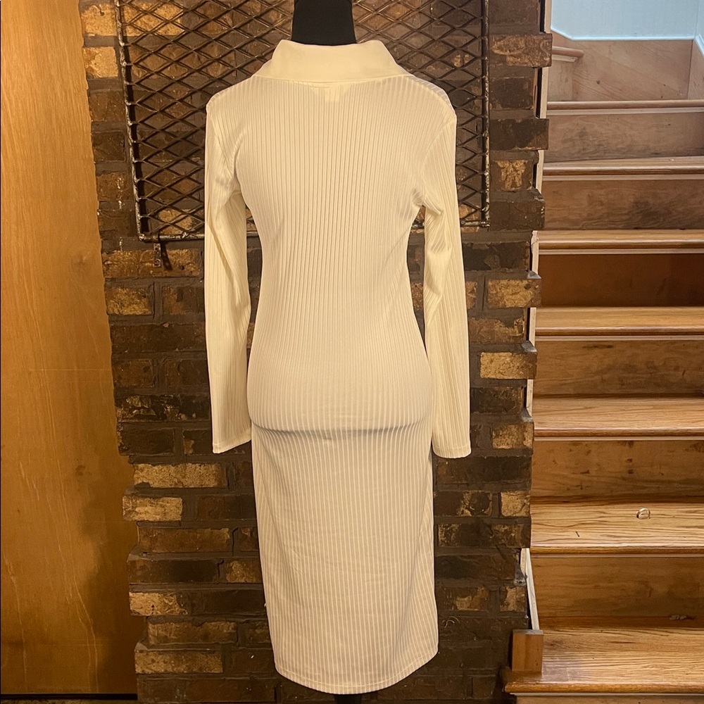 H&M Cream White Long Sleeve Ribbed Button-Up Fitted Dress S - Picture 4 of 5